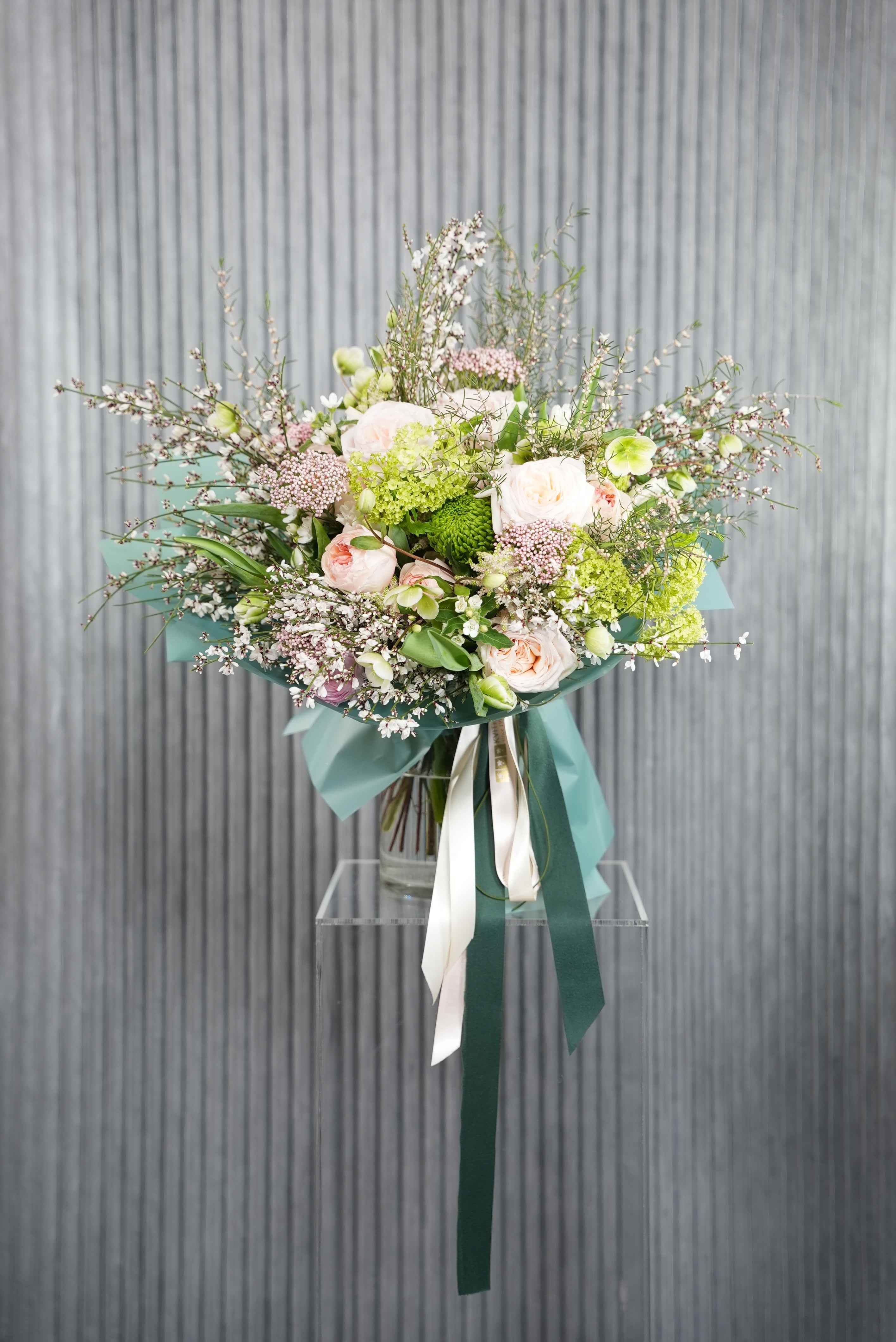 №165 Verdant Elegance – Luxurious Green & Blush Bouquet