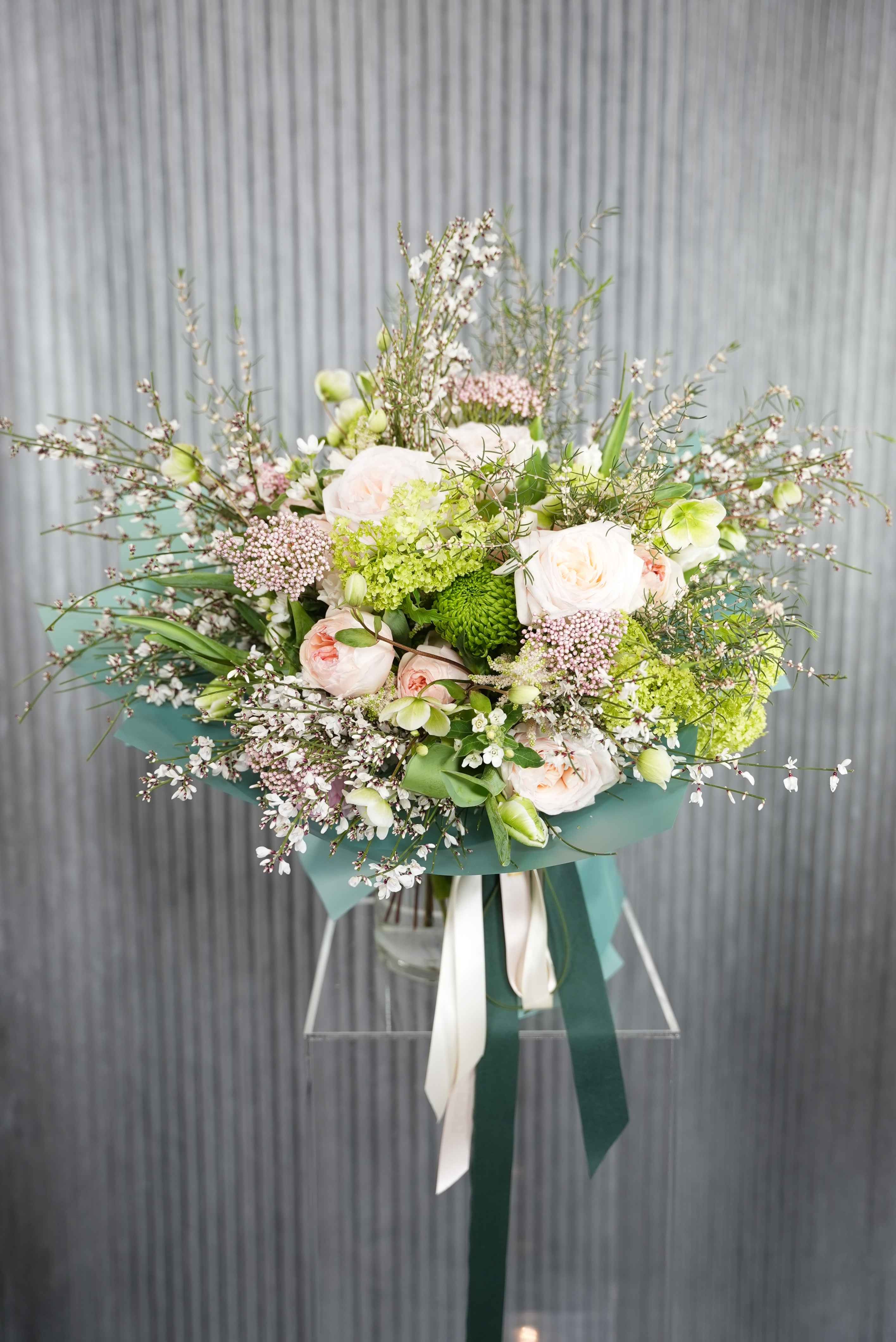 №165 Verdant Elegance – Luxurious Green & Blush Bouquet