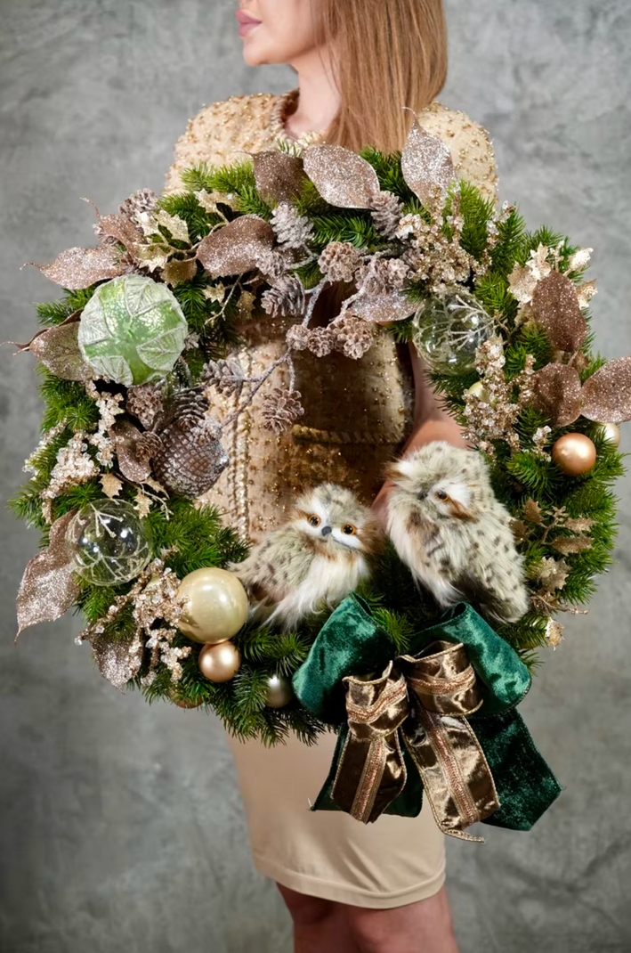 LUXE Christmas wreath "Owls in the Enchanted Forest". Holiday wreath. Winter wreath.