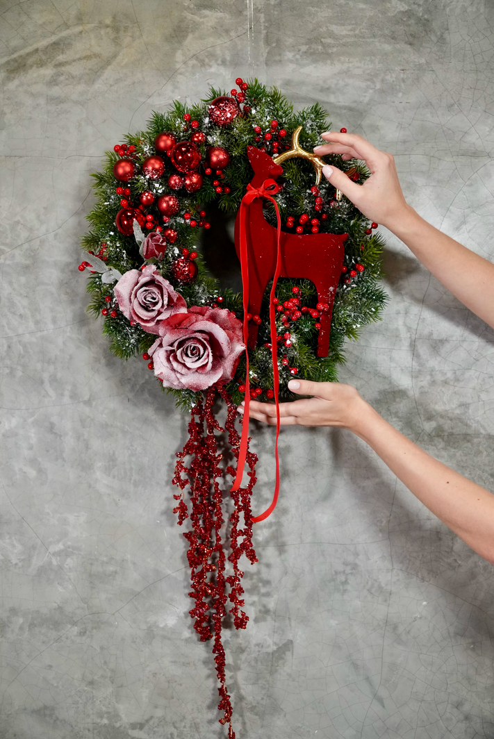 LUXE Christmas wreath "Red Flowers and Reindeer". Holiday wreath. Winter wreath