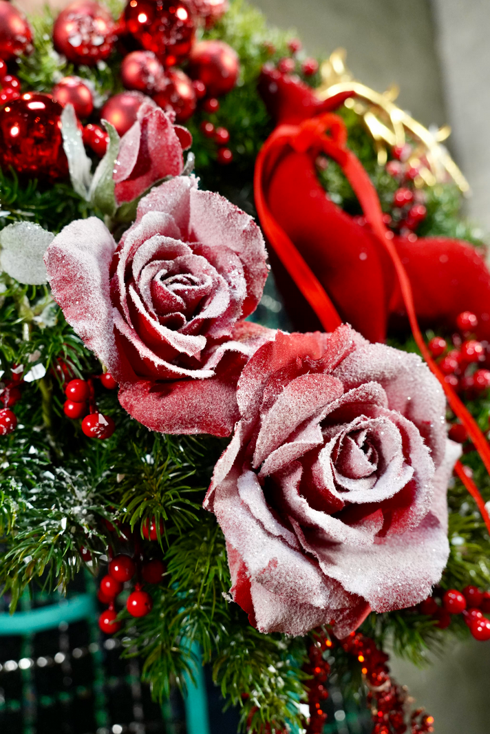 LUXE Christmas wreath "Red Flowers and Reindeer". Holiday wreath. Winter wreath