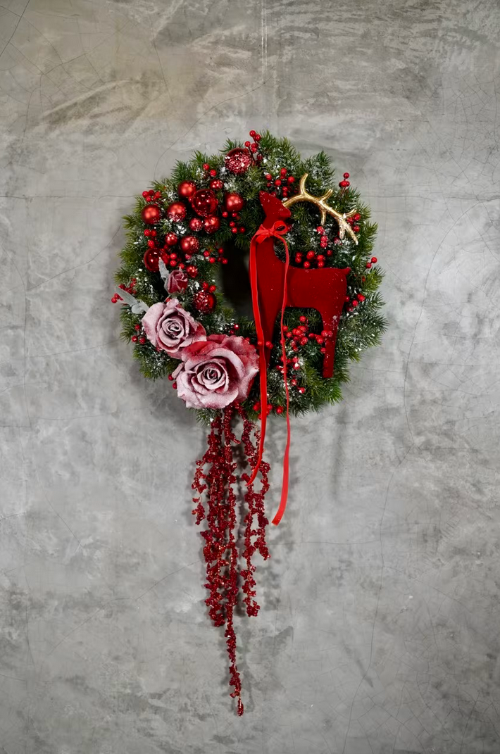 LUXE Christmas wreath "Red Flowers and Reindeer". Holiday wreath. Winter wreath