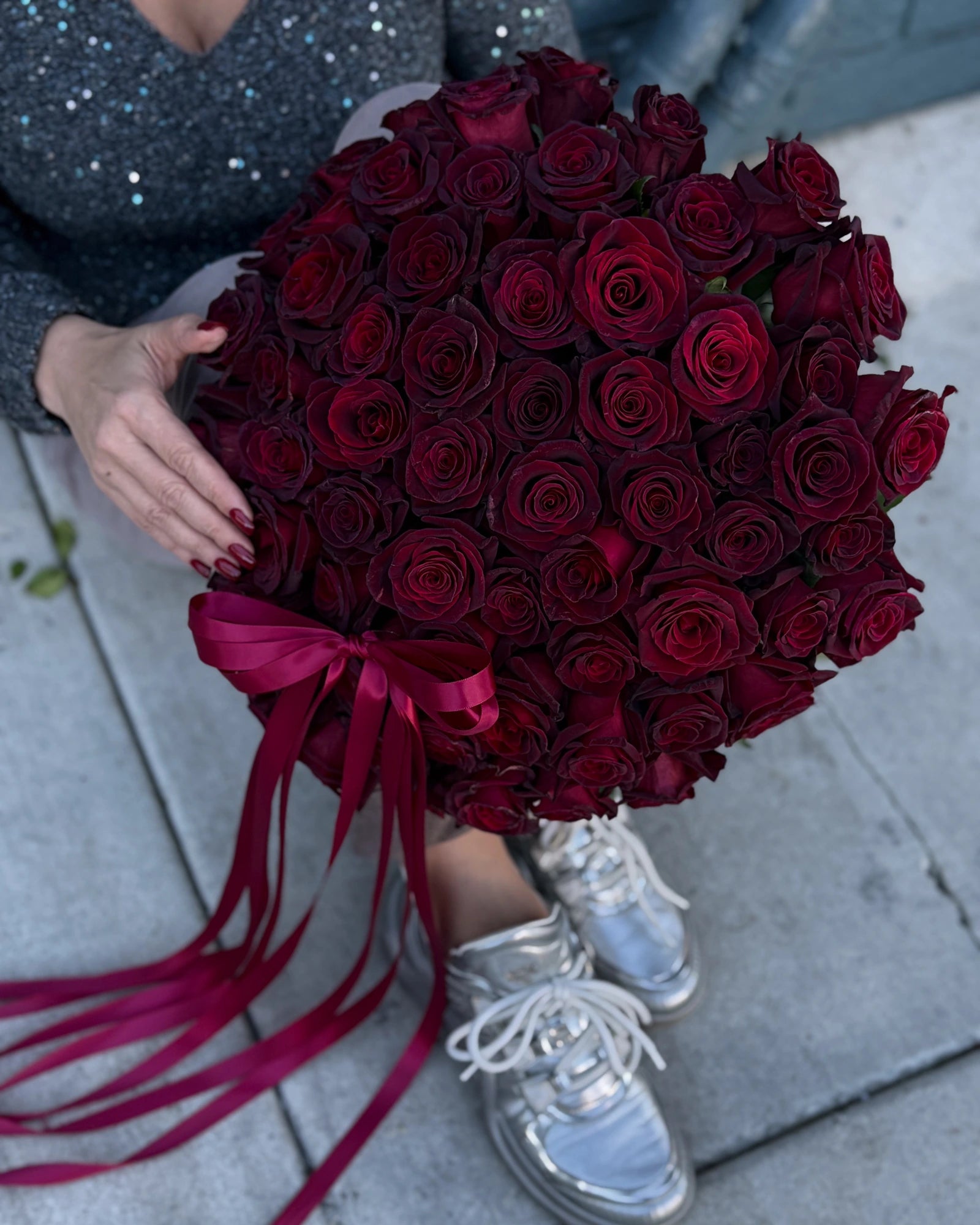 Deep Passion Black Baccara roses bouquet with dark burgundy blooms, luxury romantic flowers handcrafted in Los Angeles