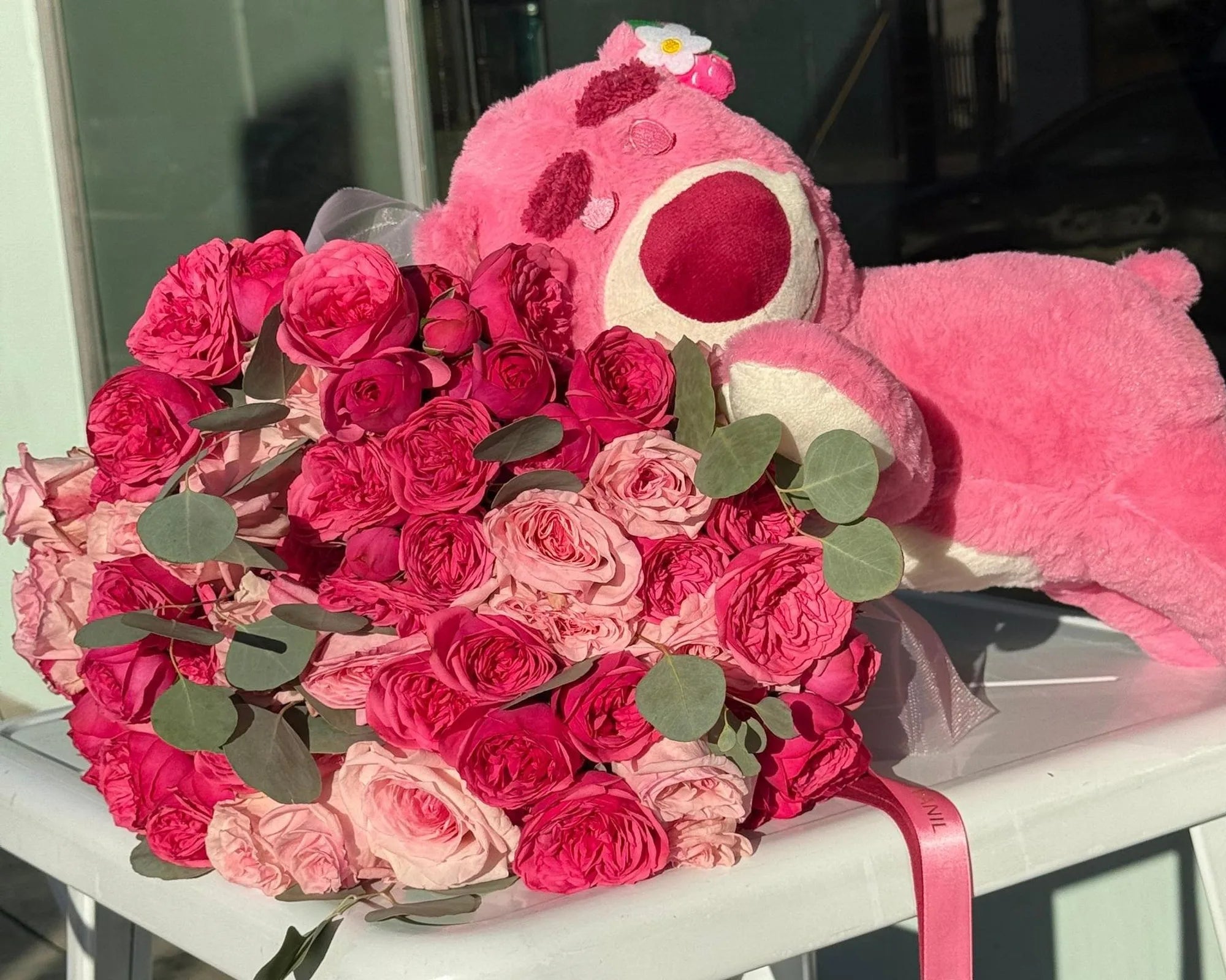 Dopamine Bouquet with pink garden roses and plush teddy bear, joyful luxury flower gift from a Los Angeles florist